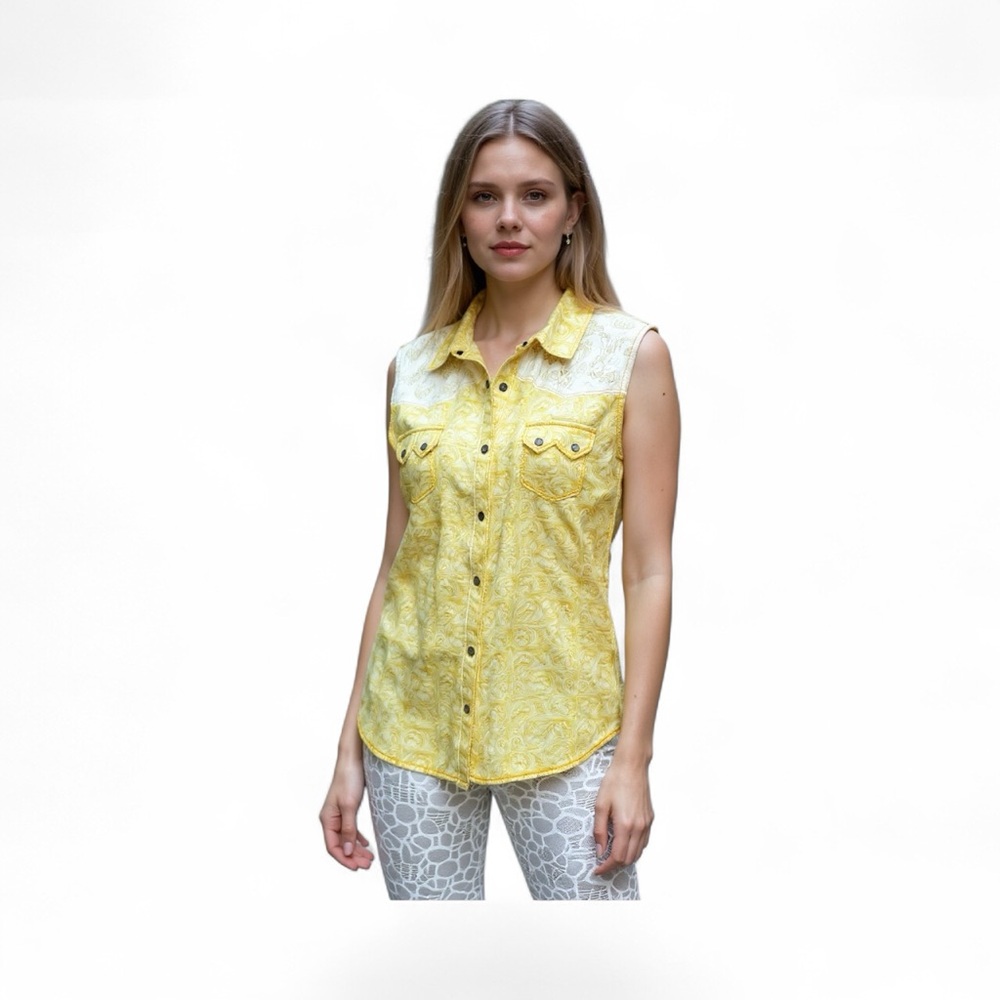 Legacy Falls Yellow Western Shirt with Lace- Summer Casual, Night Out. Womens L